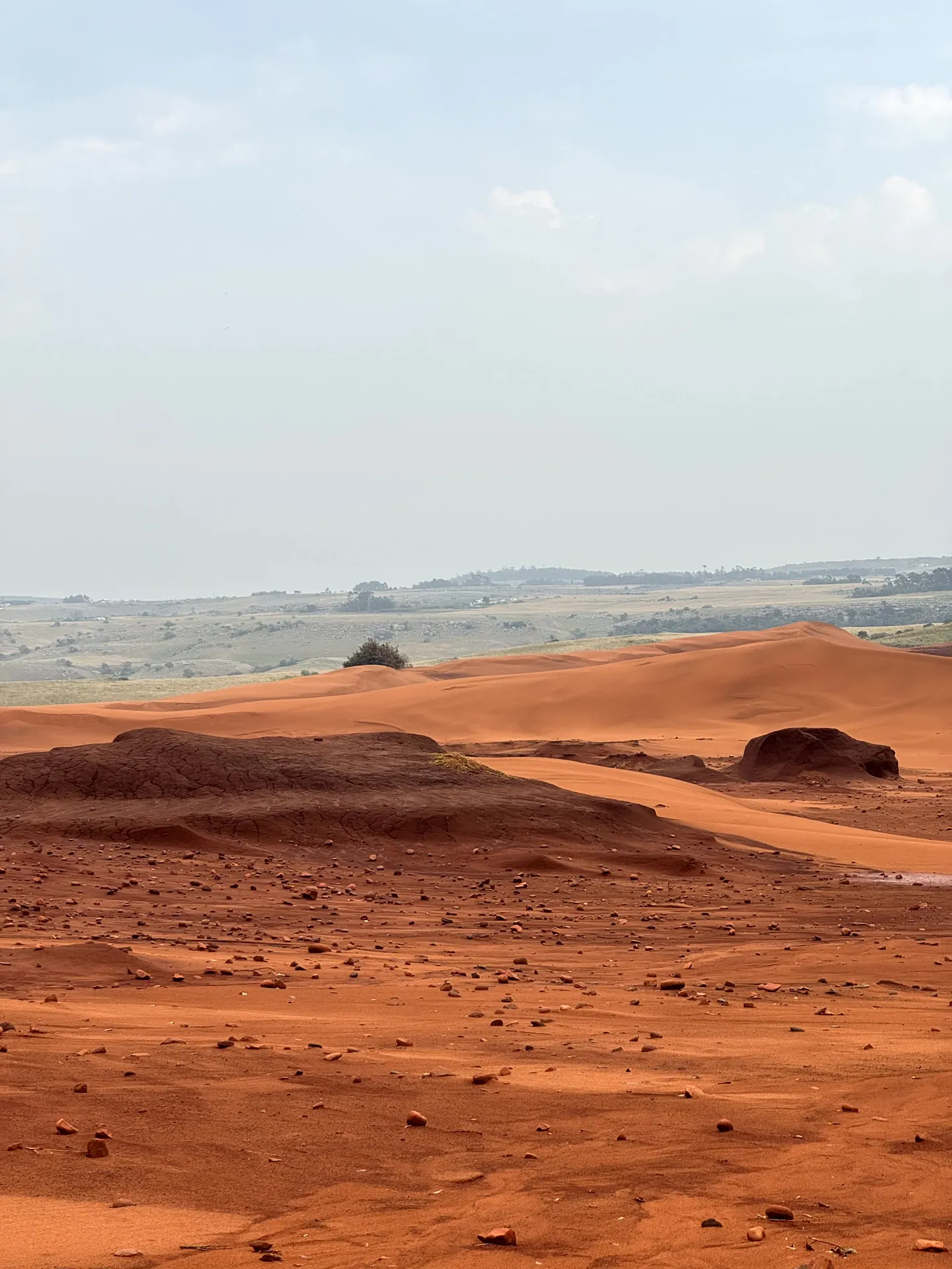 Orange and red sand dunes with scattered rocks under blue sky